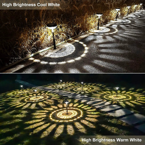 Eight Pack Solar Pathway Lights Outdoor LED Garden Lighting demonstrating warm and cool white glow for pathways
