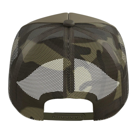View of the adjustable camo green mesh back of the Solid Plumber Evolution Trucker Hat featuring skilled trades graphic.