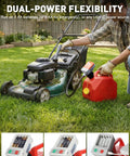 User refueling a lawn mower with No Strings Attached Cordless Fuel Transfer Pump With Auto Stop For Gas Cans And Oil Jugs 3.5 GPM.