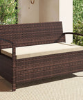 Outdoor Storage Bench With Cushioned Seat And Backrest 42 Gallon Rattan Deck Box With Acacia Wood Armrests And Sturdy Metal Frame