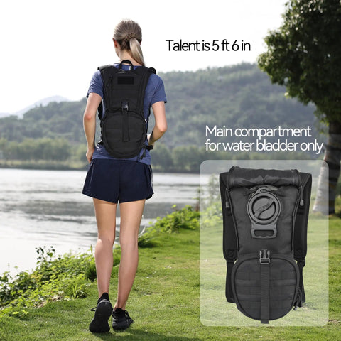 Person wearing Tactical MOLLE Hydration Pack Backpack With 3L TPU Water Bladder For Cycling Hiking Running Climbing Hunting And Biking.