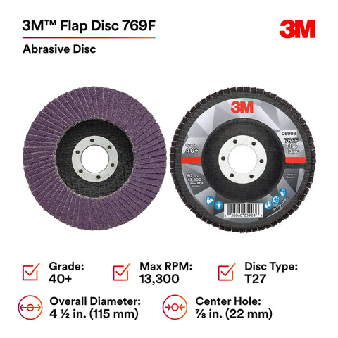 3M Flap Disc 769F Type 27 40 Plus Ceramic Precision Shaped Grain Grinding and Finishing Disc, 4.5 x 7/8 inch, abrasive disc shown.