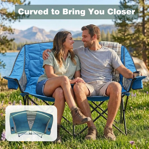 Couple sitting on Foldable Double Camping Chair With Storage for two against scenic outdoor backdrop.