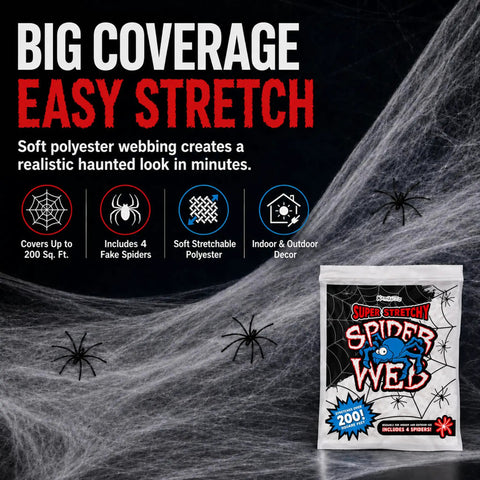 Epic Halloween Fake Spider Webs With 200 Square Feet Of Stretchable Yard Netting And Twenty Realistic Creepy Crawlers For Indoor Outdoor Home Party Decor That Brings Total Goosebumps displayed with spider webbing and four fake spiders.