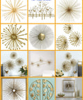 Collage of various metal wall decor designs with golden starburst and floral patterns on white walls.