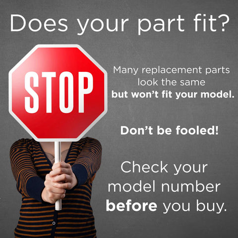Person holding stop sign, text warns about checking model number for OEM Replacement DA97-12683B Appliance Assembly For Samsung Models.