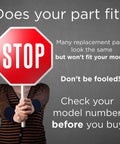 Person holding a stop sign reminding to check model fit for Refrigerator Door Bin Support OEM Replacement Part For RF28 Series Models