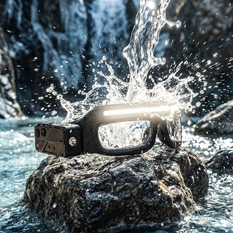 Kickass HandsFree Rechargeable Led Glasses Headlamp Featuring Motion Sensor And Tap Touch Switch Ipx4 Wet Weather Ready, splashing water backdrop.
