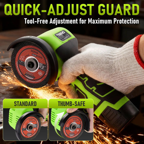 Badass 3 inch Cordless Angle Grinder 16.8V Beast Pulses 19500 RPM, with quick-adjust guard for safe wood and metal grinding.