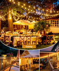 LED Outdoor String Lights 109 Ft With 52 Edison Shatterproof Bulbs Plus 2 Spares used in backyard party setup at night