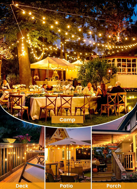 LED Outdoor String Lights 109 Ft With 52 Edison Shatterproof Bulbs Plus 2 Spares used in backyard party setup at night