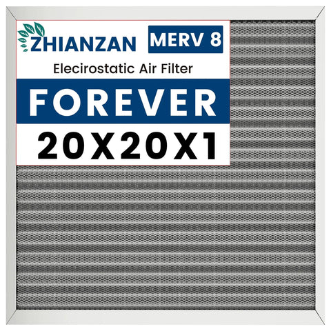 20x20x1 HVAC Furnace Air Filter Washable And Reusable Lasts A Lifetime MERV 8 shown with label and grid pattern