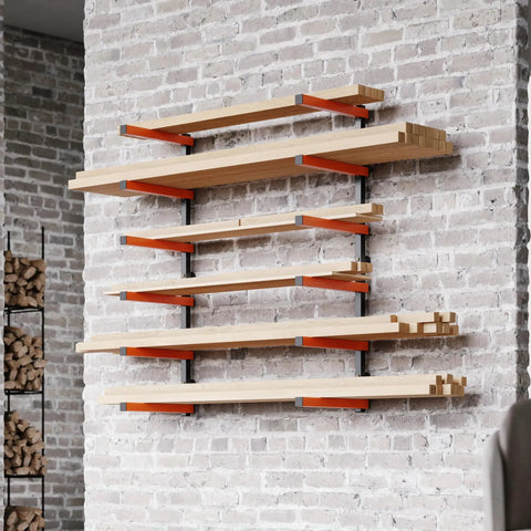 Heavy Duty Six Shelf Lumber Rack Wall Mount Wood Organizer Built Tough For Garage Storage Rock Solid Steel Construction showcasing boards neatly arranged on a wall.