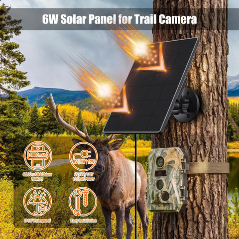 Premium 6W Trail Camera Solar Panel And Portable Battery Charger Kit Featuring Stable 6V 9V And 12V DC Output Options mounted on tree with trail camera and elk in background.