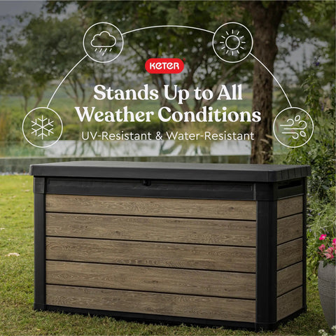 Real Deal All Weather Deck Storage Trunk With 100 Gallon Heavy Duty Resin For Patio Outdoor Cushions Yard Gear And Pool Supplies Ashwood Finish in garden setting.