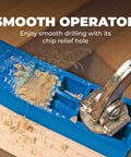 Close-up of Compact Pocket Hole Jig Kit for Small Projects drilling wood, showing steel enforced drill guides and wood shavings.