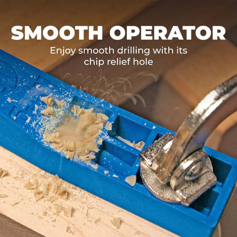 Close-up of Compact Pocket Hole Jig Kit for Small Projects drilling wood, showing steel enforced drill guides and wood shavings.