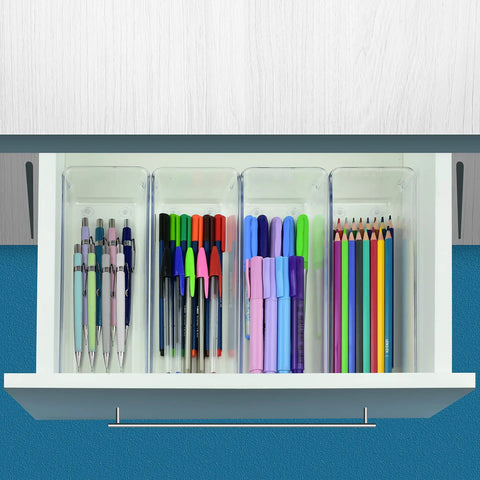 Clear Drawer Organizer Set Four Piece Modular Bins For Office Home Makeup Kitchen And Junk Drawer Storage Crystal Clear Plastic