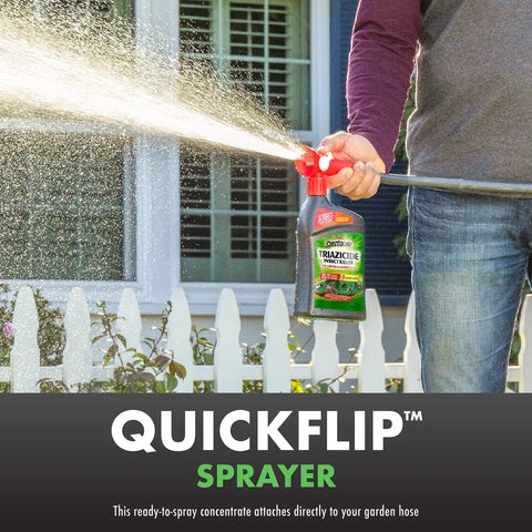 Person using Triazicide Insect Killer for Lawns and Landscapes Concentrate 32 Ounces QuickFlip Hose End Sprayer 3 Pack outdoors