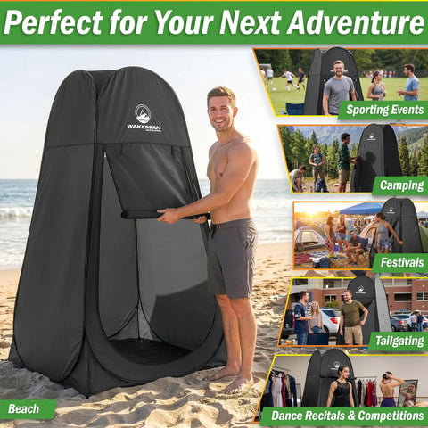 Man setting up Multipurpose Privacy Pop Up Tent for Camping and Beach with Easy Open Portable Shower Stall on sandy beach.