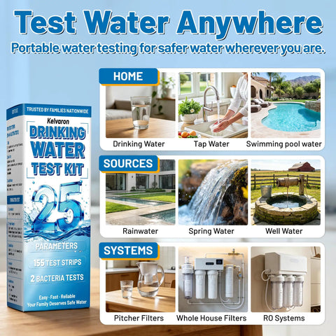 Kelvaron 25 In 1 Drinking Water Test Kit with 155 strips, featuring home, source, and system water testing visuals.