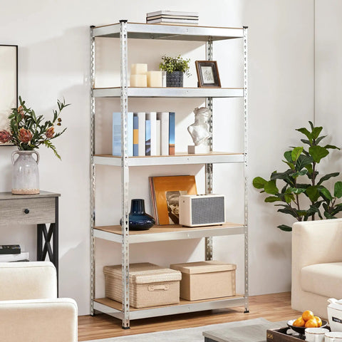 Built Like A Tank Five Tier Storage Shelf With Heavy Duty Iron Frame And Solid Wood Boards Silver Finish for home display.