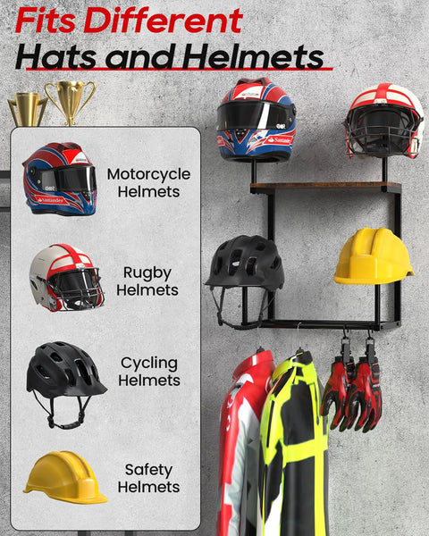 Solid Wood And Reinforced Metal Motorcycle Helmet Rack Wall Mount Heavy Duty Bike Helmet Holder Bracket Built Legit To Keep Your Full Face Lids Sit Square Clean Garage Storage Display Organizer Set Of Four showing different helmet types mounted.