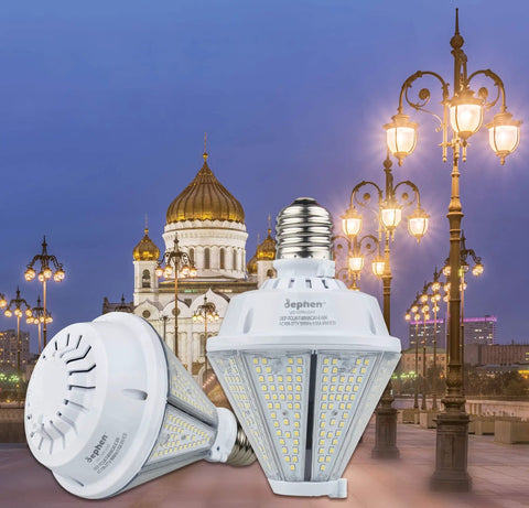 80W LED Corn Light Bulb With Removable E26 And E39 Base, Beefy 10400 Lumens, 5000K Daylight, outdoor scene with illuminated lamps