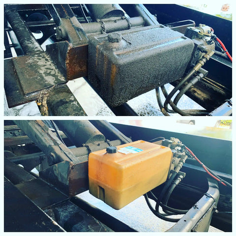 Before and after using Touchless One Step Car Wash Detergent Soap Concentrate with Degreasing Power on vehicle undercarriage.