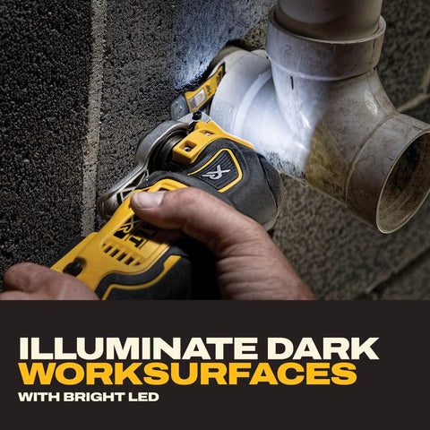 Rock Solid Brushless Oscillating Multi Tool Including Battery And Charger With All Day Run Time Pro Workhorse Combo Pack For No Sweat Grout Scraping And Precision Cutting Projects illuminating plumbing with LED light.