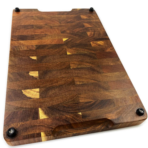 Heavy Duty Rubber Feet For Cutting Board With Stainless Screws 20 Pack on textured wooden surface with black screws.