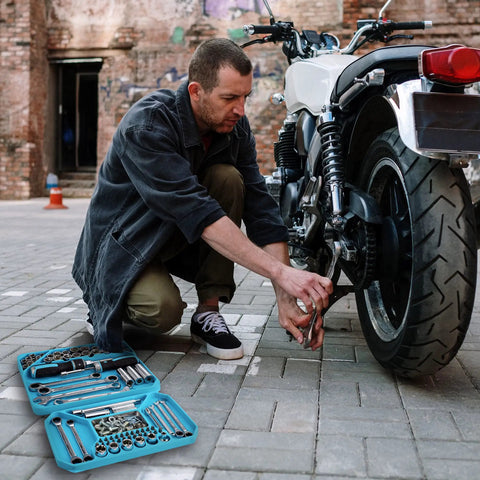 Mechanic using tools from 2-Piece Silicone Tool Tray Set With Non-Slip Flexible Organizer And Magnetic Tray Large Capacity on motorcycle