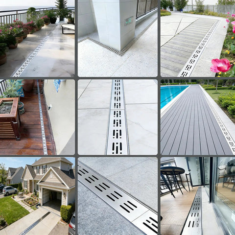 Heavy Duty 304 Stainless Steel Trench Drain Kit With Grid Grate And Coupling For Outdoor Pool Deck Driveway Or Garage Hella Tough Rust Proof Build installed in various outdoor settings.