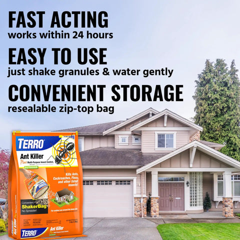 Ant Killer Plus Multi Purpose Outdoor Insect Control Granules 2 Pack packaging on a porch with house background