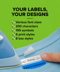 Blue iron applying name label on blue shirt with your labels, your designs options, highlighting various font sizes, print styles.