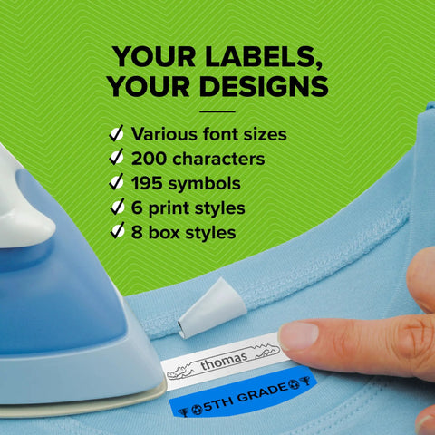 Blue iron applying name label on blue shirt with your labels, your designs options, highlighting various font sizes, print styles.