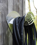 Heavy Duty 13 Inch Cast Aluminum Hose Rack For Outdoor Walls, Curved Wall Mount Hose Holder, storing black hose on wooden wall
