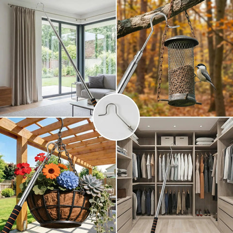Skip The Ladder Hustle With This Extendable Smoke Detector Tester Pole Reaching High Alarms Like A Champ Two Replaceable Heads For Fast Safety Checks Plus Handy Home Repair Jobs Solid Steel Frame, shown in use for various tasks.