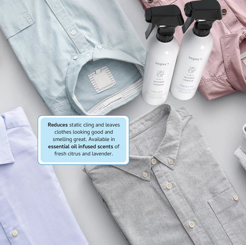 Straight Up Game Changer Travel Size Wrinkle Remover And Static Cling Eliminator With Fresh Linen Scent Quick Fix Odor Killer For Shirts And Pants Two Pack on display with dress shirts.
