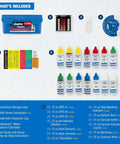Straightforward 9-In-1 Dpd Pool Spa Water Testing Kit With Hardshell Carry Case display of included components in organized layout.