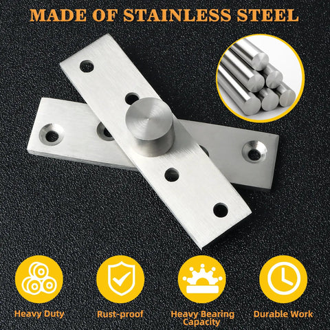Slick Running 4 Inch Pivot Hinges For Hidden Doors, Concealed Stainless Steel Hardware In Brushed Finish Pair on black surface.
