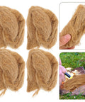Natural Jute Fire Starters Four Pack Lightweight And Easy To Carry Outdoor Fire Starter Tools For Camping Backpacking Survival Gear Emergency Prep Must Have Go To All Weather Fire Starters For Camping And Backpacking In Any Conditions, showing four jute bundles and use demonstration.