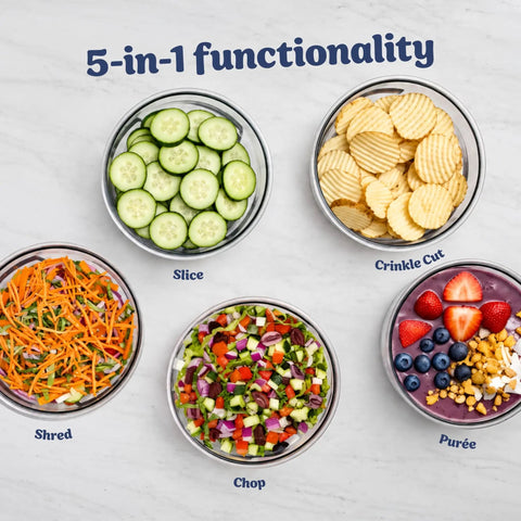 5 In 1 Kitchen Prep And Storage Bowl System Featuring Crinkle Slice And Shred Blades for various vegetable prep in glass bowls.