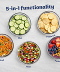 Five In One Food Prep And Storage Bowl System With Crinkle Slicing Shredding Functions showing sliced cucumbers, crinkle-cut chips, and salads.