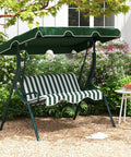 Three Person Porch Swing With Canopy And Removable Cushions, Heavy Duty Powder Coated Steel Frame in garden setting, Green.