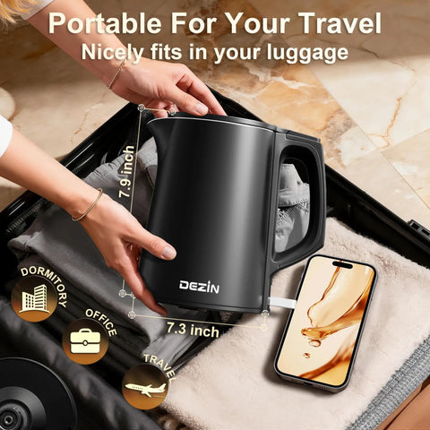 Compact 0.8L Travel Electric Kettle With Double Wall 304 Stainless Steel Auto Shut Off Portable Kettle for travel in luggage