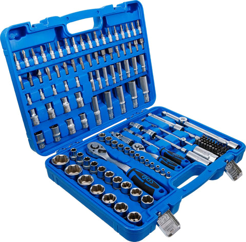 Master Grade 150 Piece Socket Set With Quarter Inch And Half Inch Drives Featuring Super Lock Sockets in organized blue case.