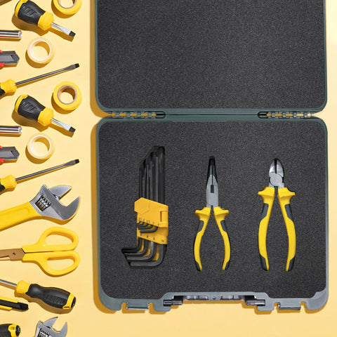 Six Polyurethane Foam Sheets For Toolbox Organization And Top Shelf Gear Protection Grip Tight Cushioning Pads 16 By 12 By 1 Inch in tool chest with yellow tools.