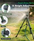 Heavy Duty Zinc Tripod Base Impact Sprinkler, 360 Degree Rotating, 3 Height Adjustable Steel Sprinkler Head in use on grass