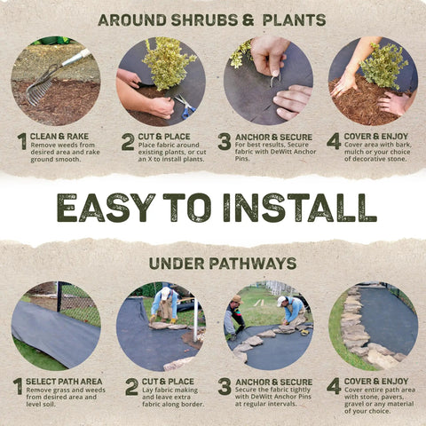 Installation steps for Pro-5 Heavy-Duty Weed Barrier Fabric 5 Oz Ground Cover Mat 6 By 250 Feet in gardens and pathways.